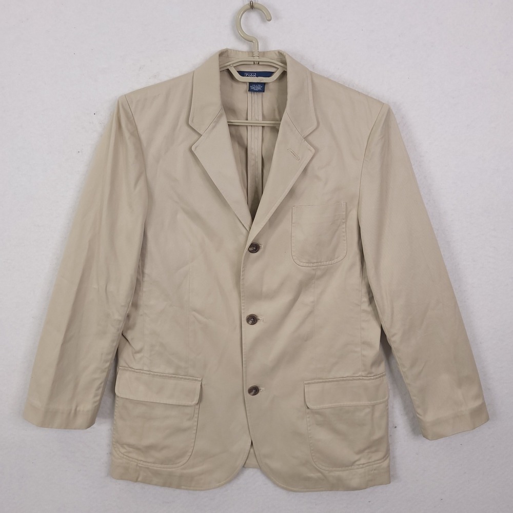 Polo Ralph Lauren Blazer Men Vintage Tan Khaki Cotton 3 Button Sport Coat Jacket